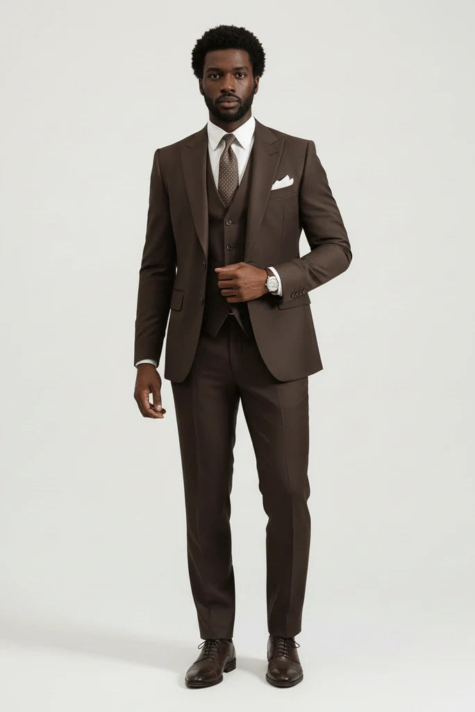 Men coffee brown three piece suit-front
