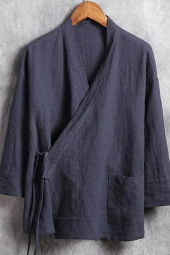 Men Dark Grey Linen Kimono Jacket-Front