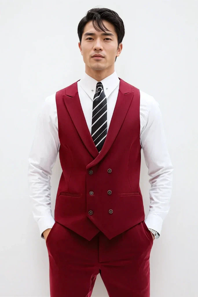 Men maroon waistcoat pant suit-front