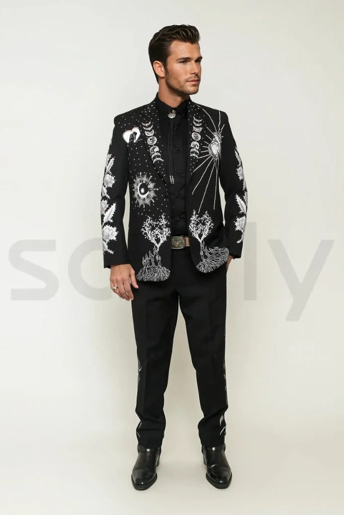 Men black embroidery suit-front