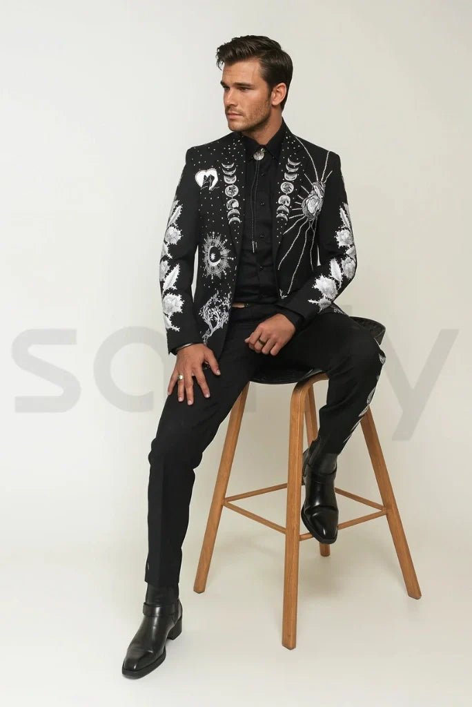 Men black suit with white embroidery