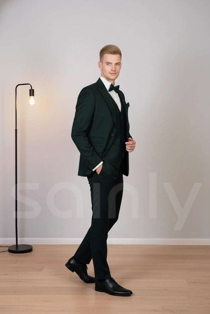 Stylish emerald green three-piece suit for men party and evening events-side