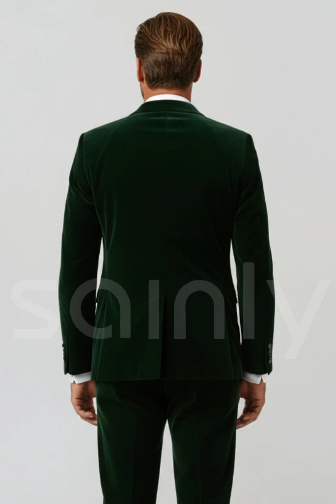 Lustrous velvet three-piece suit showcasing fabric richness
