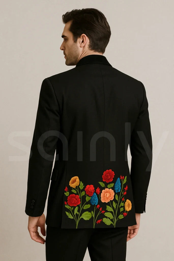 Black embroidered blazer for men-back