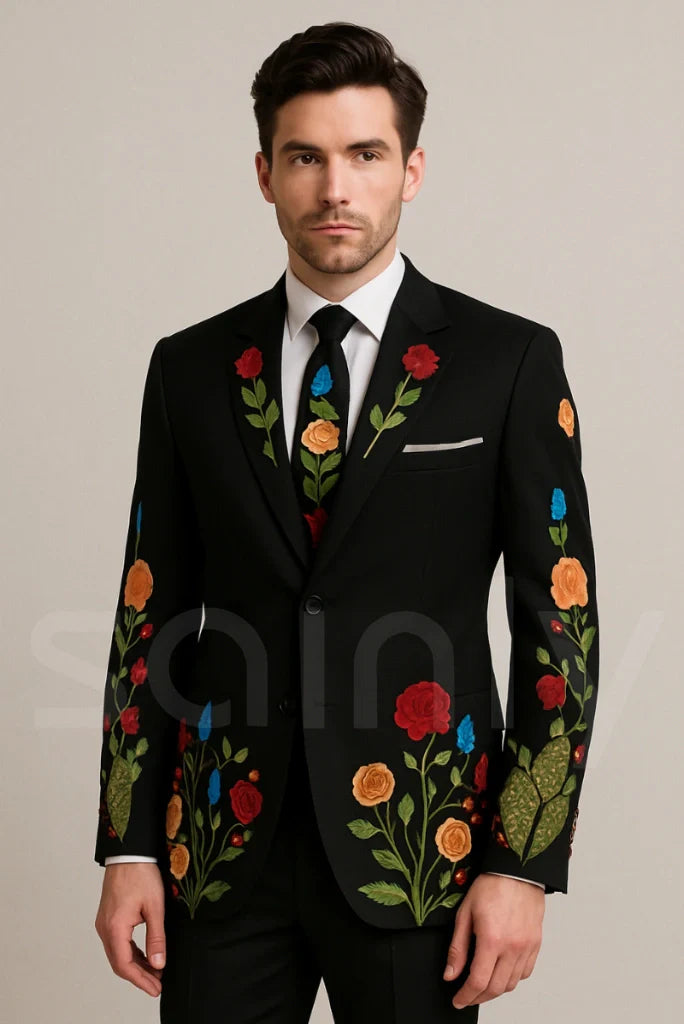 Men black embroidery blazer by sainly-front
