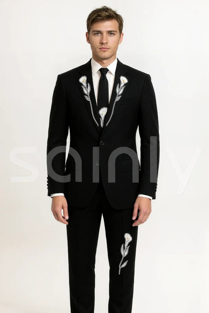 Men black embroidery two piece suit-front