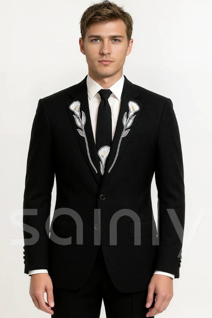 Men black suit with white floral embroidery suit