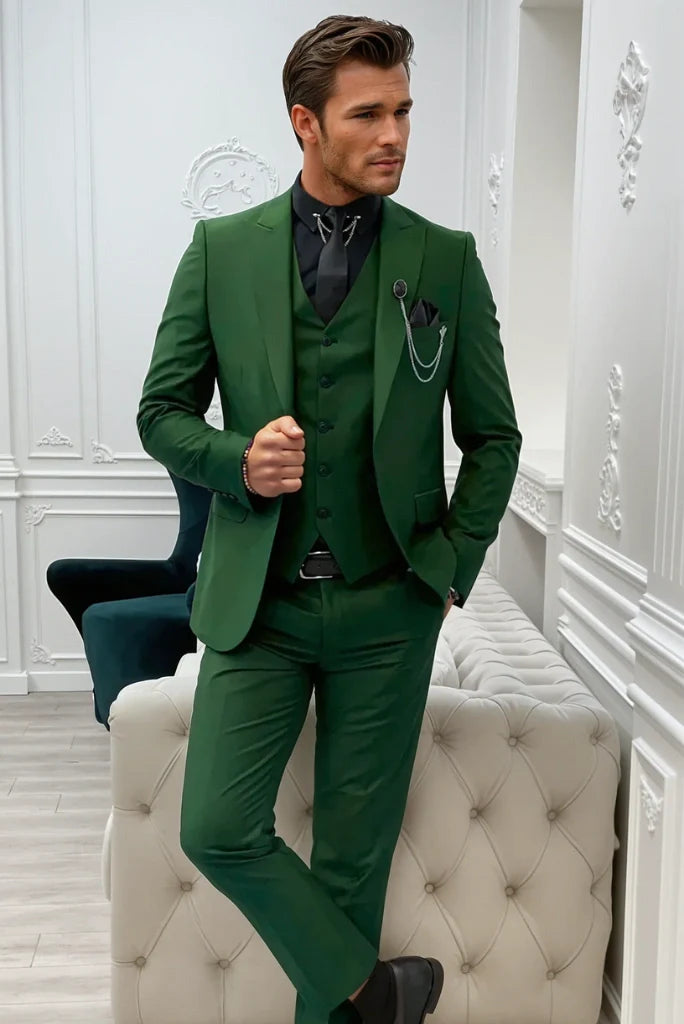 Men forest green three piece suit for wedding-front