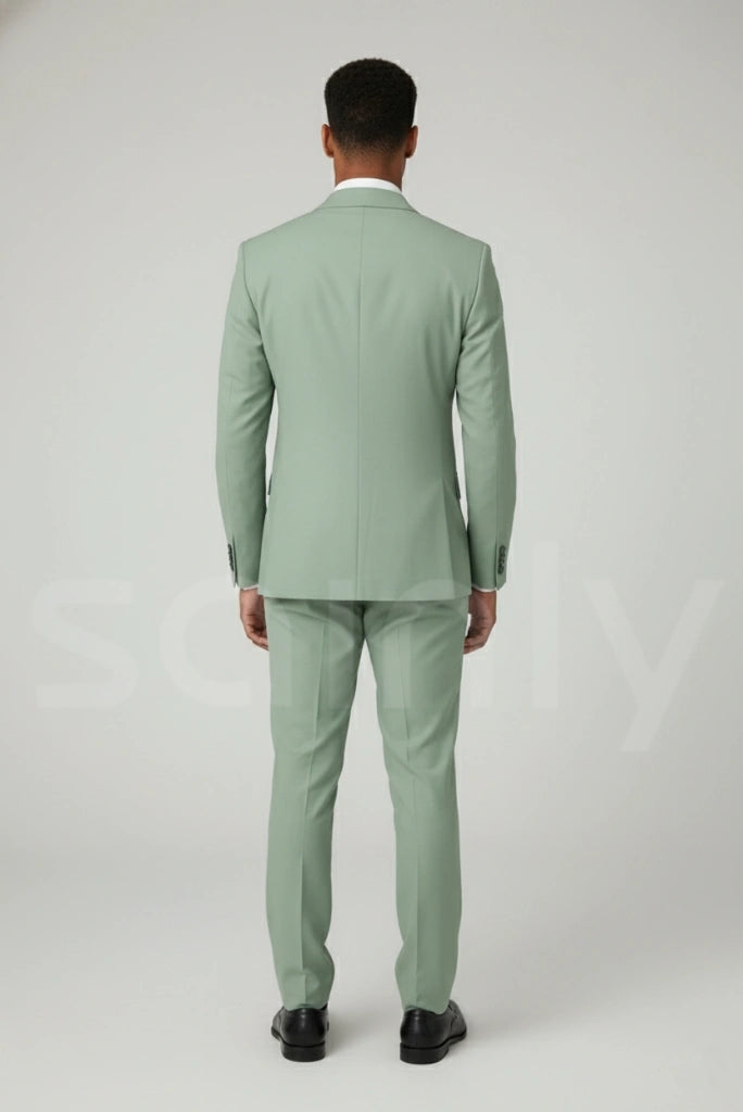 Classic men’s sage green double-breasted formal suit with tailored fit-back