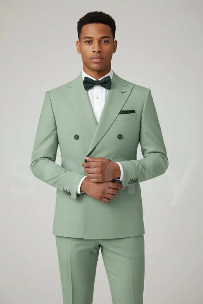 Stylish men sage green double-breasted blazer and trousers