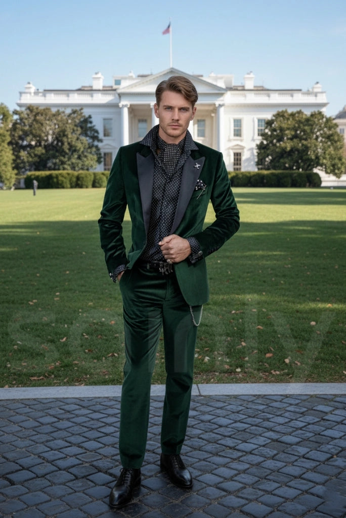 Men emerald green velvet two piece suit-front
