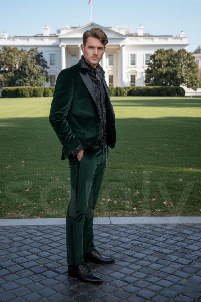 Men emerald green velvet blazer and trousers