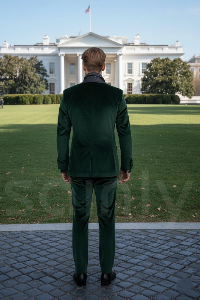 Stylish men emerald green velvet suit for party wear-back