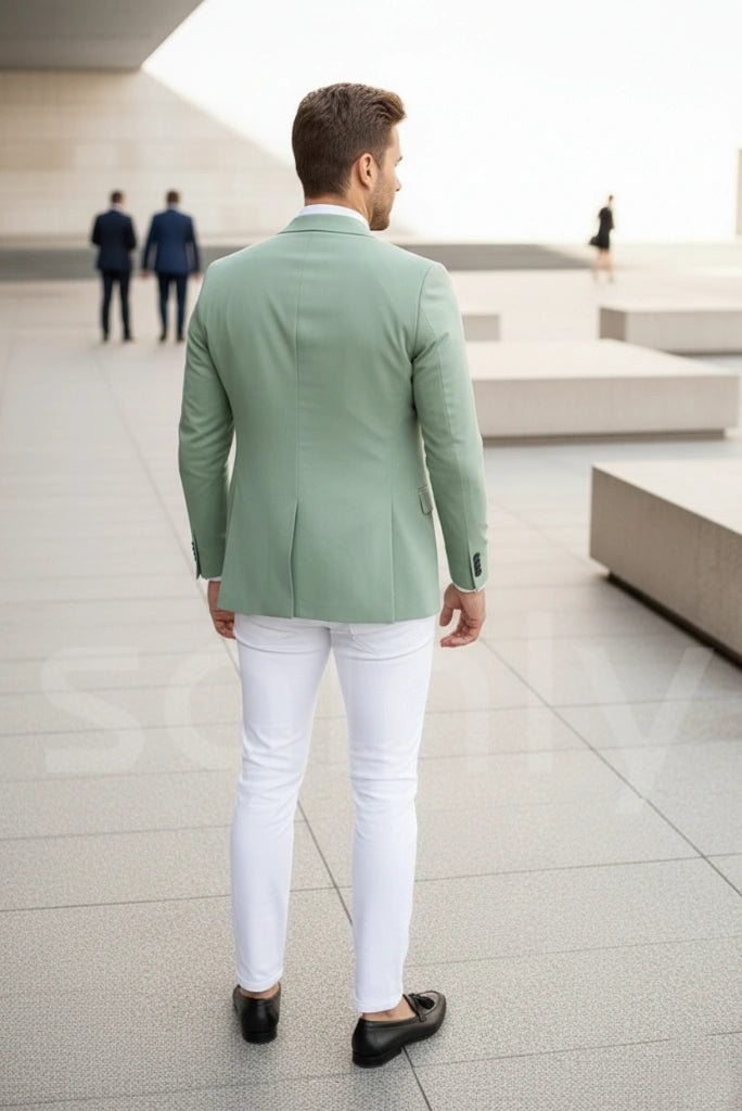 Elegant sage green and white three-piece suit for men wedding wear-back