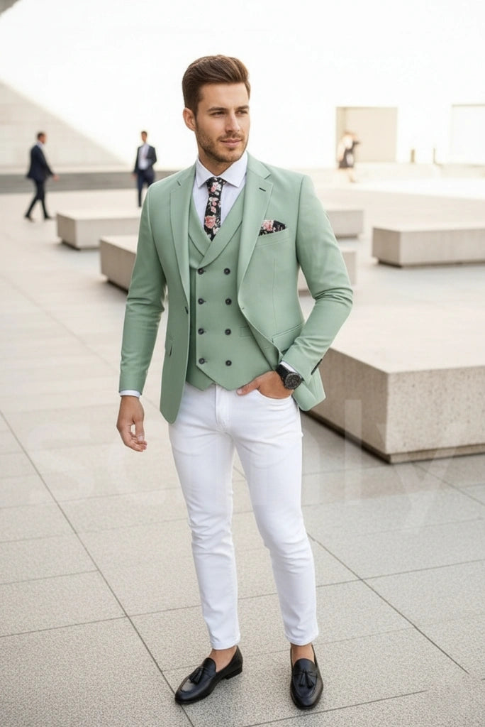 Men sage green and white formal suit perfect for parties and receptions