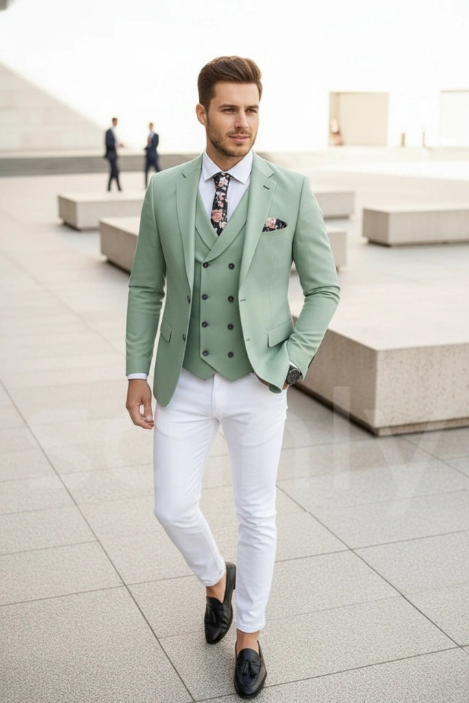 Stylish men wearing sage green and white suit with blazer, waistcoat, and trousers-side