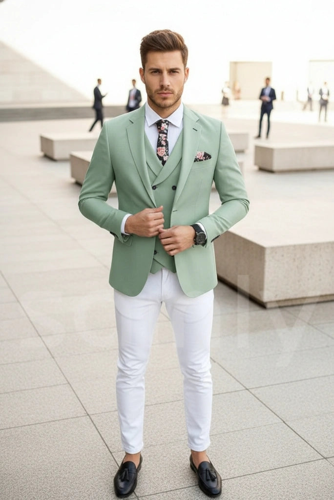 Men sage green and white three-piece suit-front