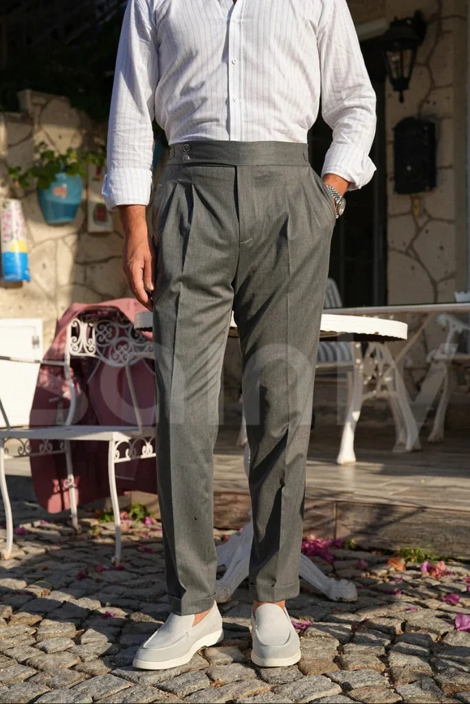 Men Grey High Waist Pleated Pant-Front