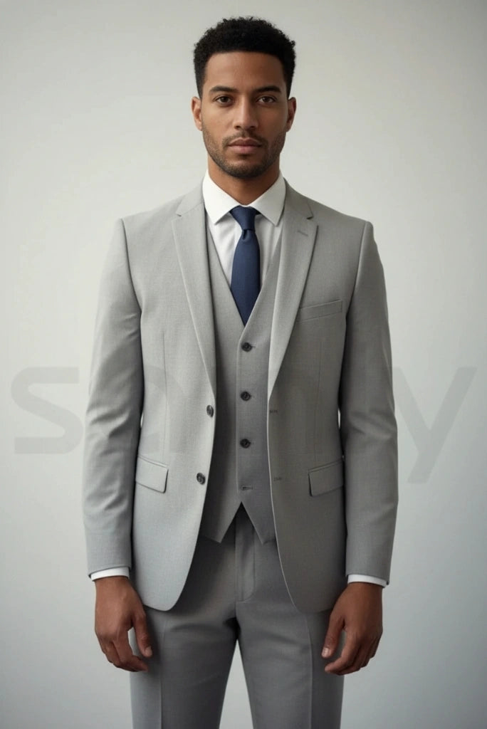 Men grey three-piece suit-front