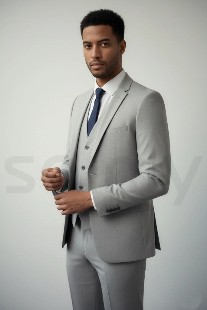 Men wearing grey three-piece formal suit for office and events-side