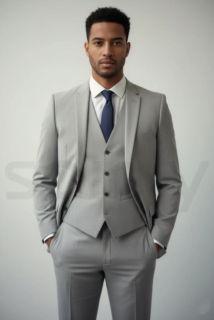 Elegant men grey suit with blazer, waistcoat, and trousers