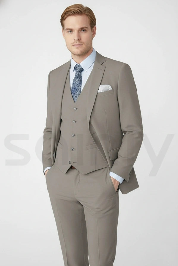 Classic grey three piece tailored suit for men-side