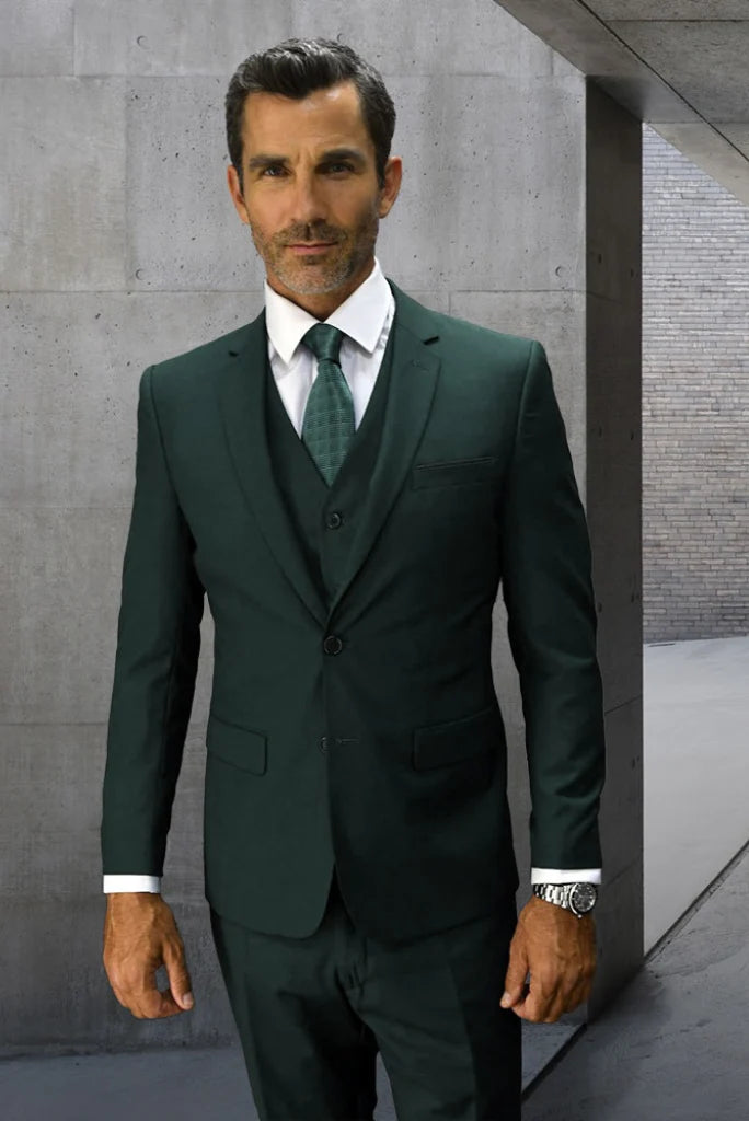 Men hunter green formal three piece suit-front