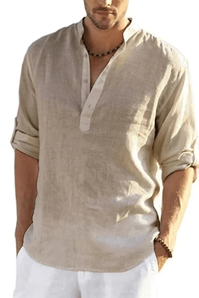 Men khaki cotton linen shirt-Front