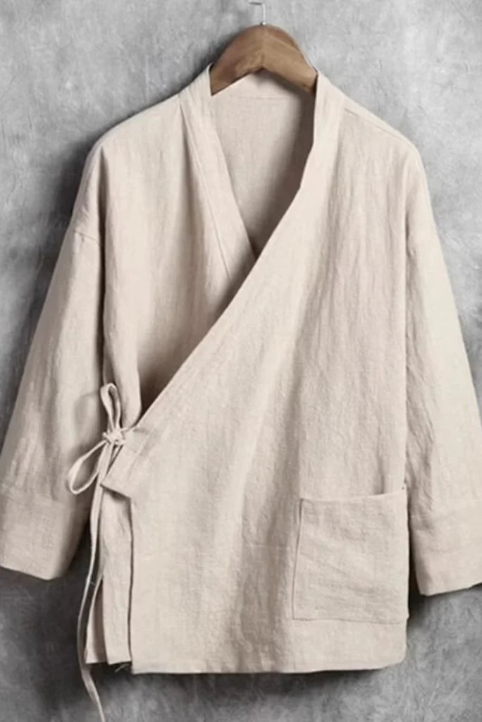 Men Khaki Linen Kimono-Front