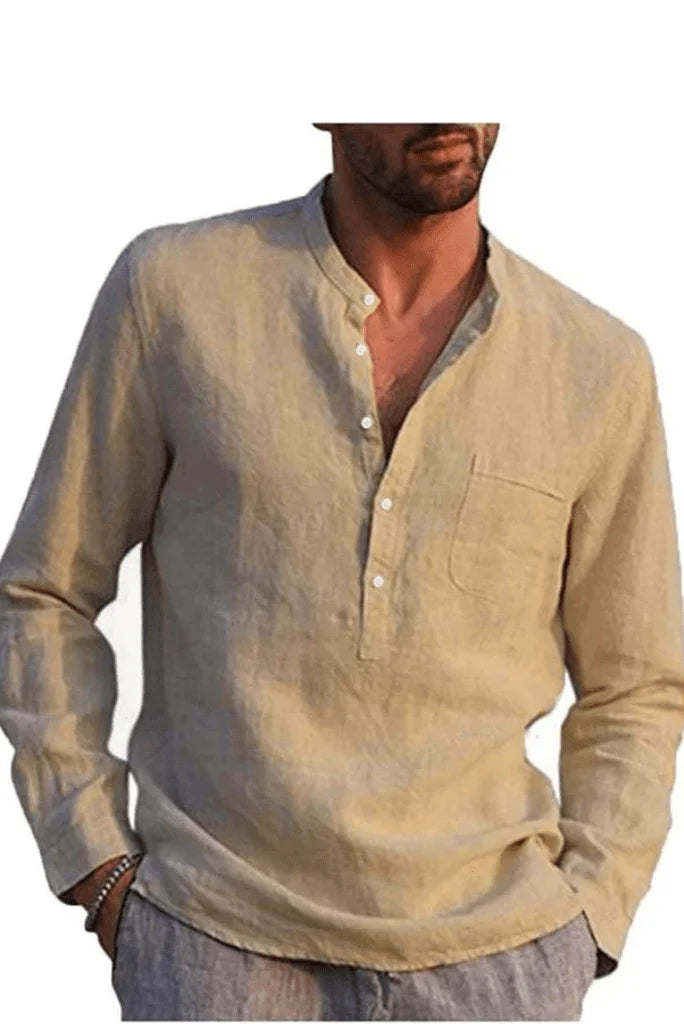 Men Khaki Casual Linen Shirt-Front
