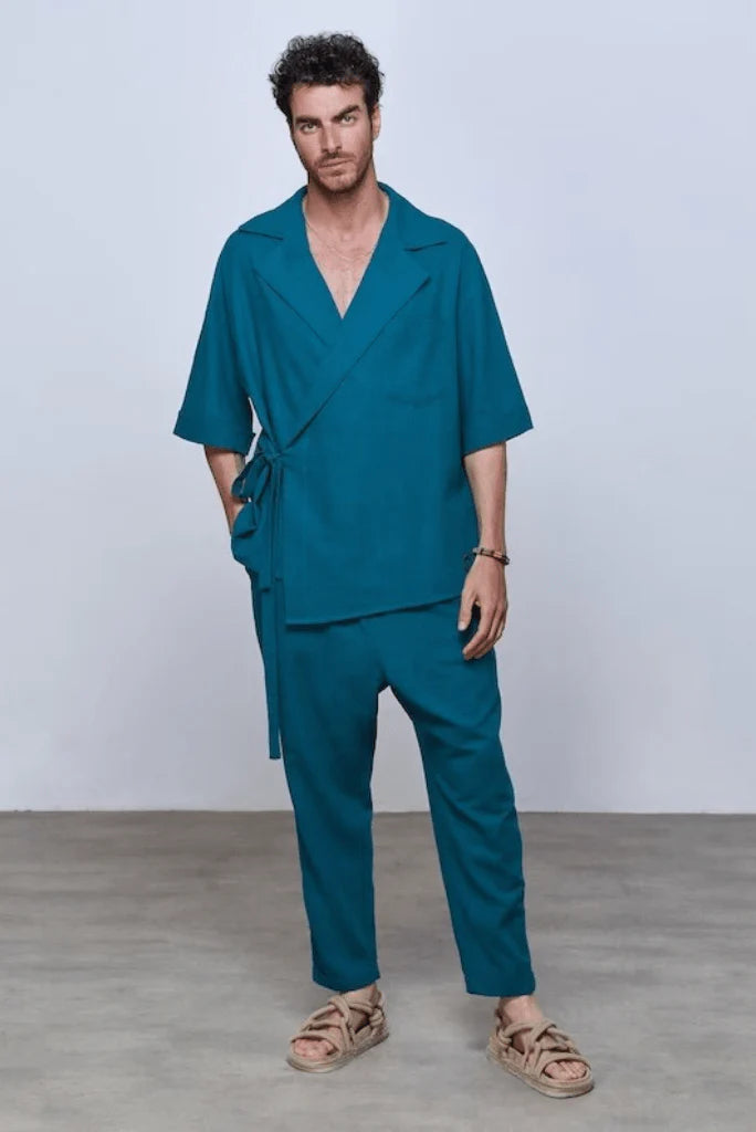 Men travel outfit linen kimono pant-Front