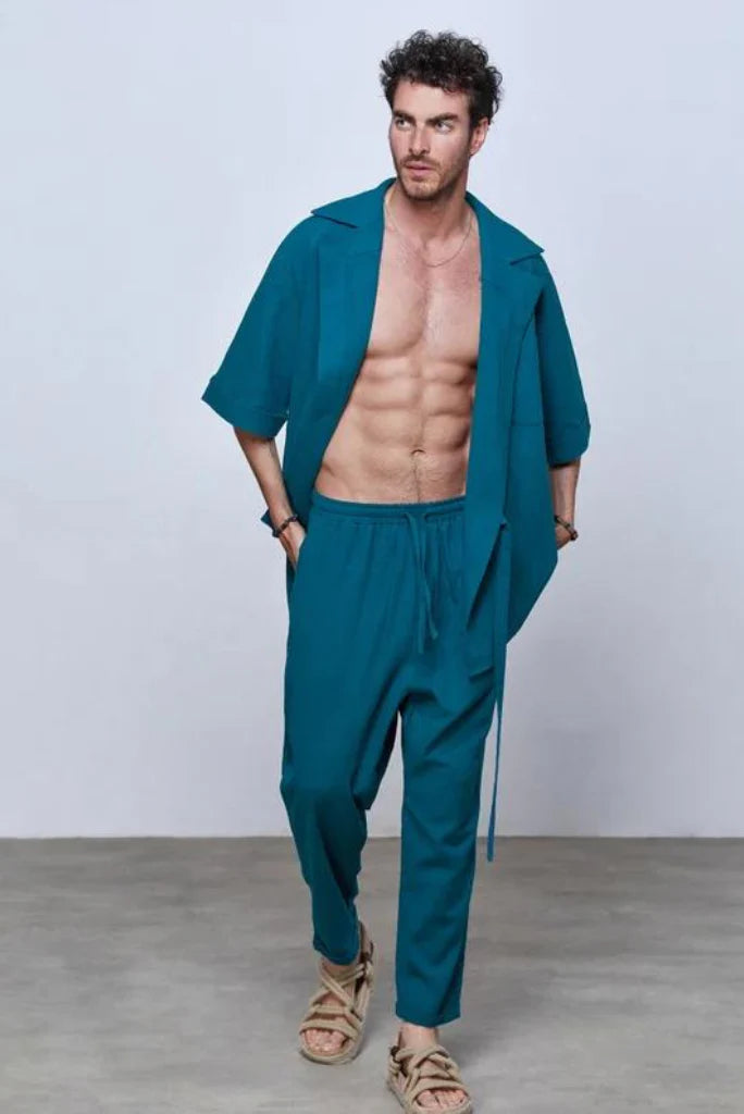 Men’s natural linen kimono pant and shirt set-Front