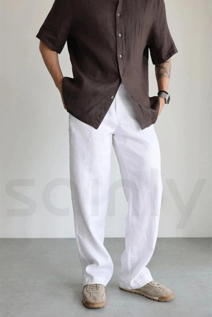 Lightweight white linen pants for men – beach outfit-Front