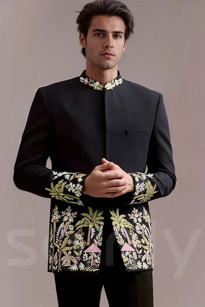 Men navy blue embroidered bandhgala blazer for wedding and festive wear-front
