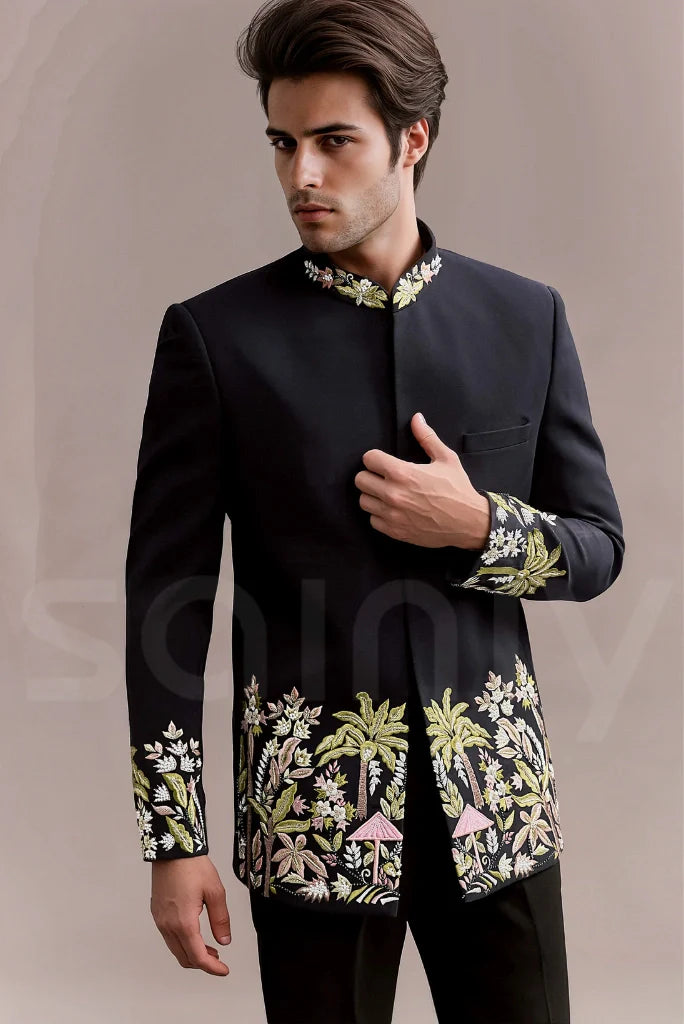 Elegant navy blue Indian wedding blazer for men with embroidery details-back