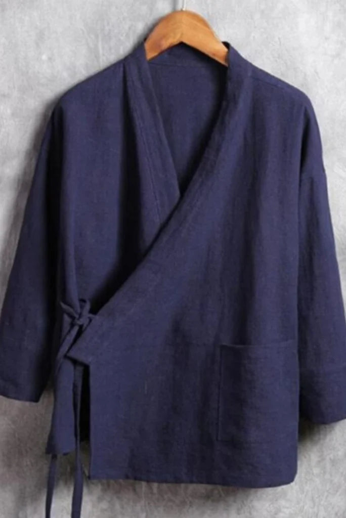 Men Navy Blue Linen Kimono Shirt-Front