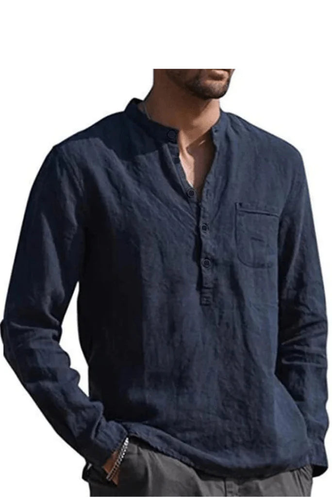 Men Navy Blue Casual Linen Shirt-Front