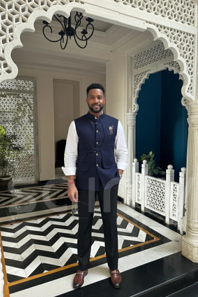 Men navy blue nehru jacket for traditional wear-front