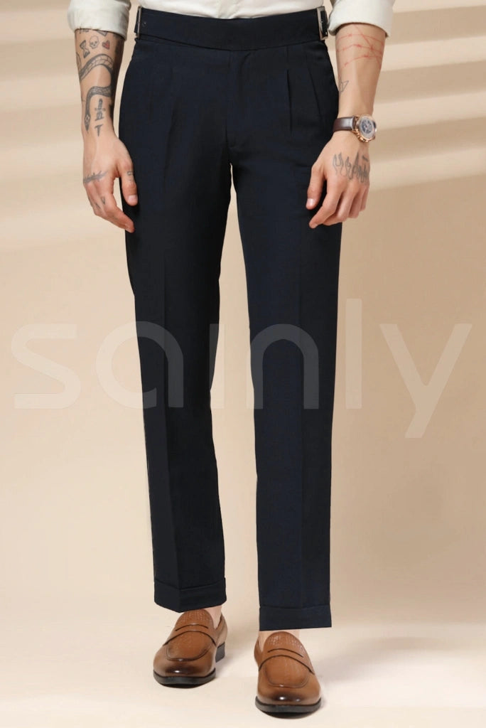 Luxury navy pleated high waisted pant for men’s party look-Front