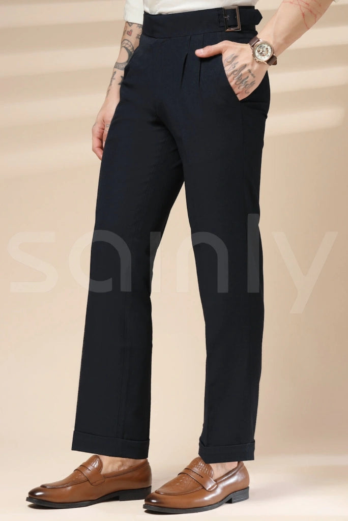 Men’s navy blue pleated high waisted Italian trouser-side