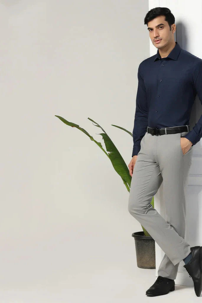 Men Navy Blue Shirt with Grey Pants Office Outfit-Front