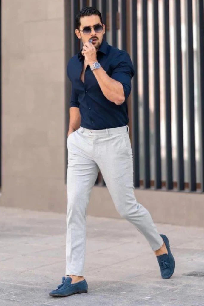 Men navy blue shirt and grey pant-Front