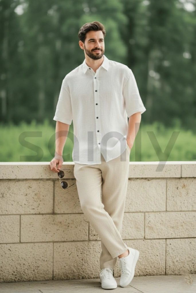 Men’s off-white linen shirt with beige pants for casual wear