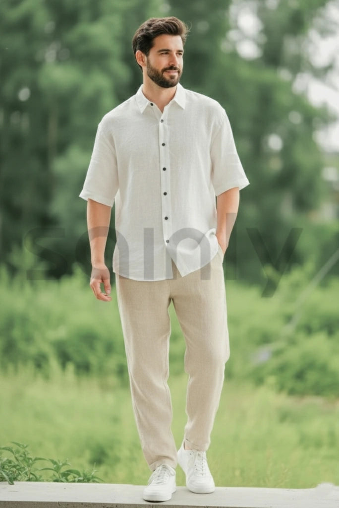 Beige linen pants with off-white men’s shirt