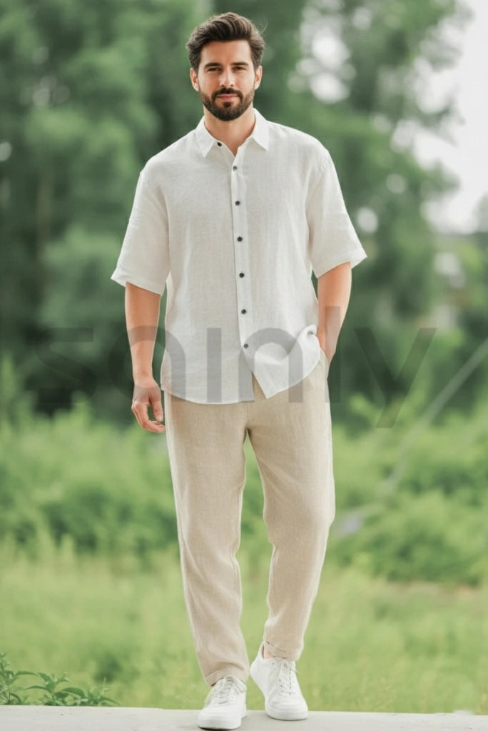 Men’s off-white linen shirt and beige pants