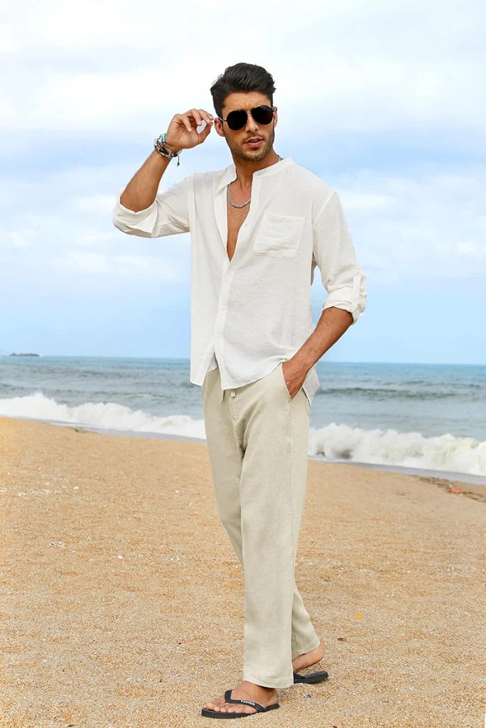 Men off white linen trouser-Front