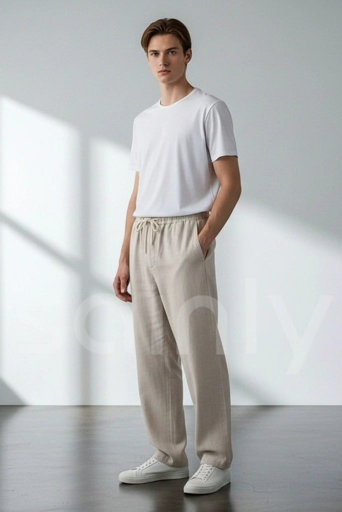 Men’s off white linen trousers for beach and travel-front