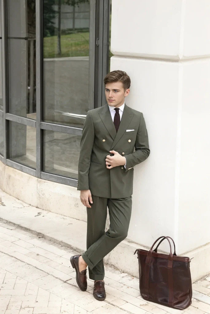 Men olive green two piece formal suit-front