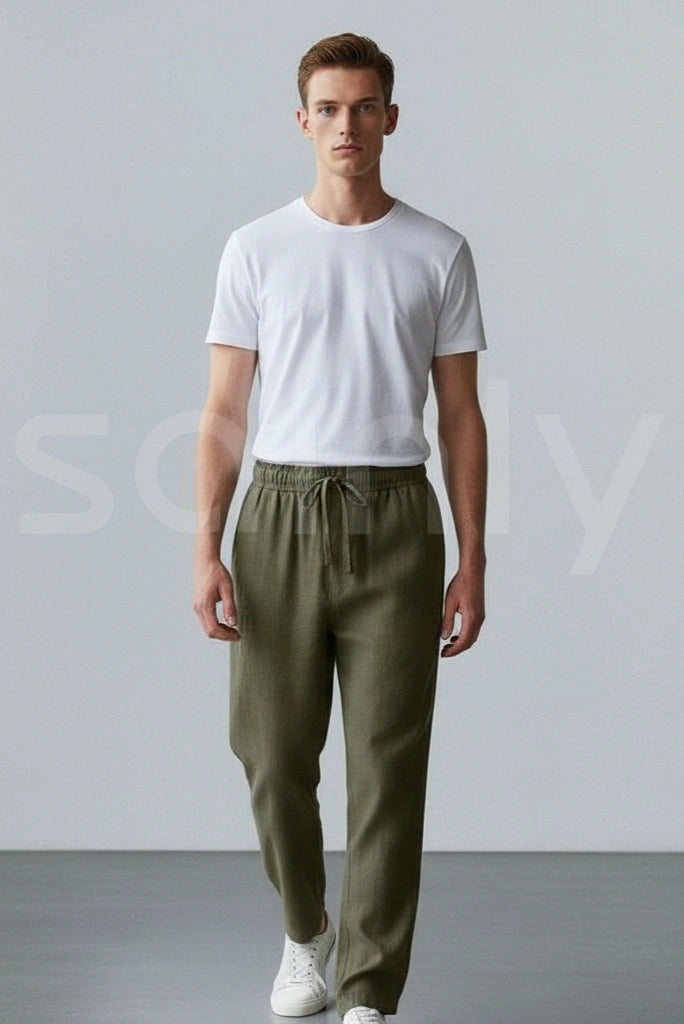 Olive green linen pants for men – casual beach outfit-Front
