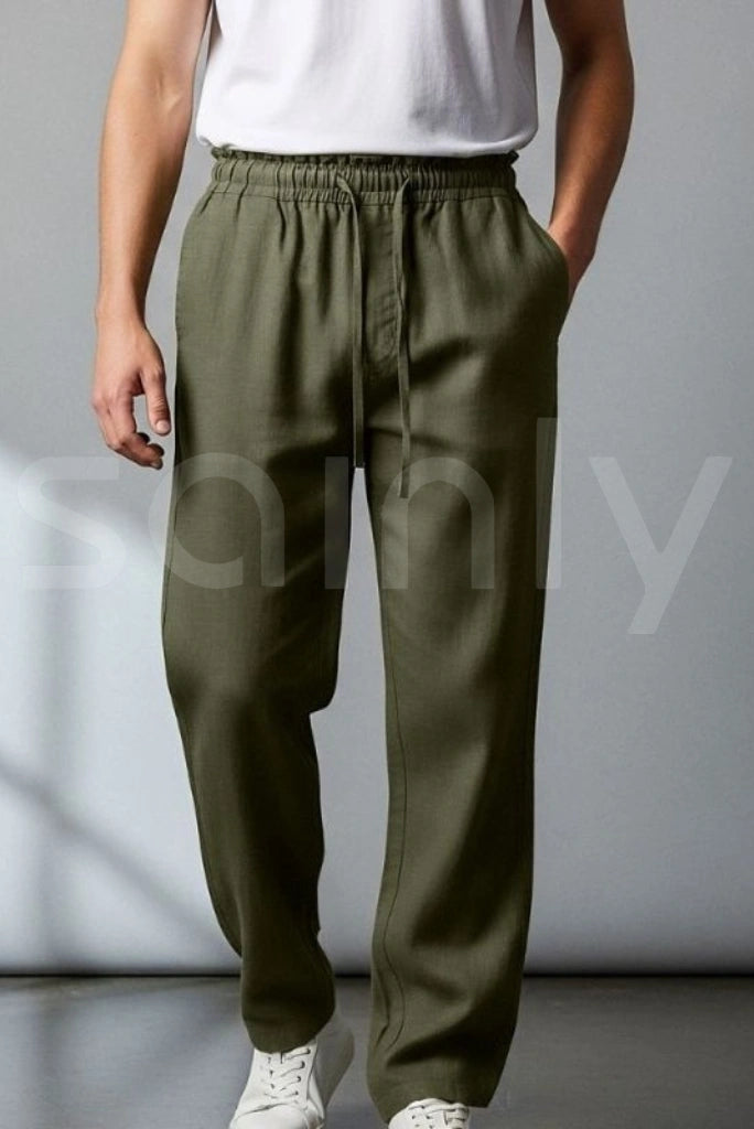 men’s stylish olive green linen trouser for casual wear-Front